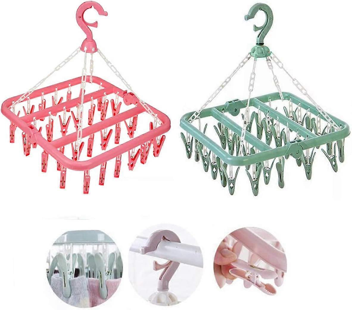 Sock Clothes Rack, 2PCS Clothes Rack Hanging Clips with 32 Clips