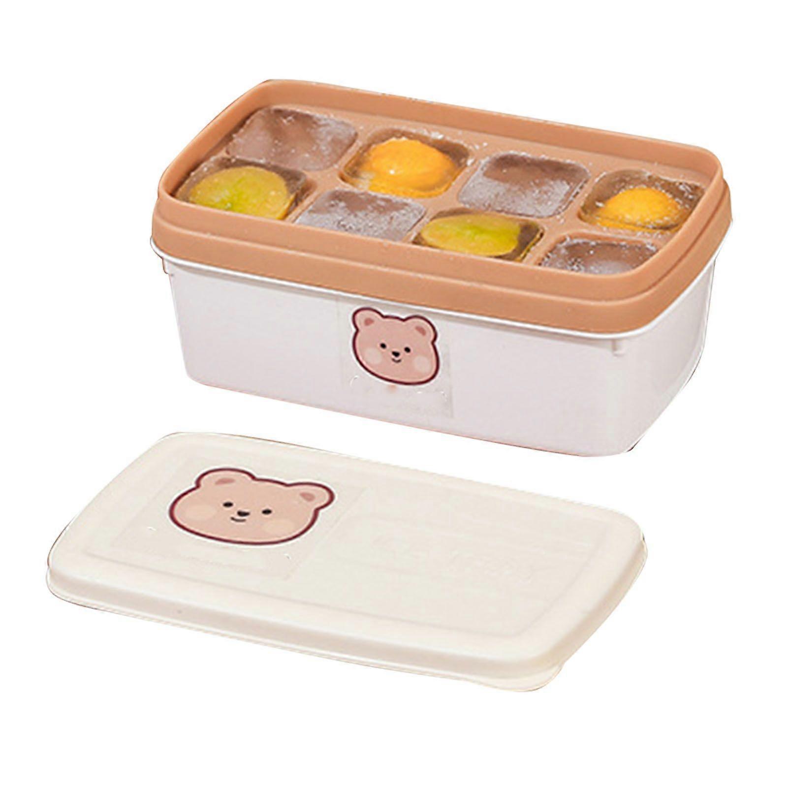 Ice Cube Freezer Tray Silicone PP Soft Base Large Capacity Ice Cube Molds with Lid and Bin Rice Brown 8 Grid