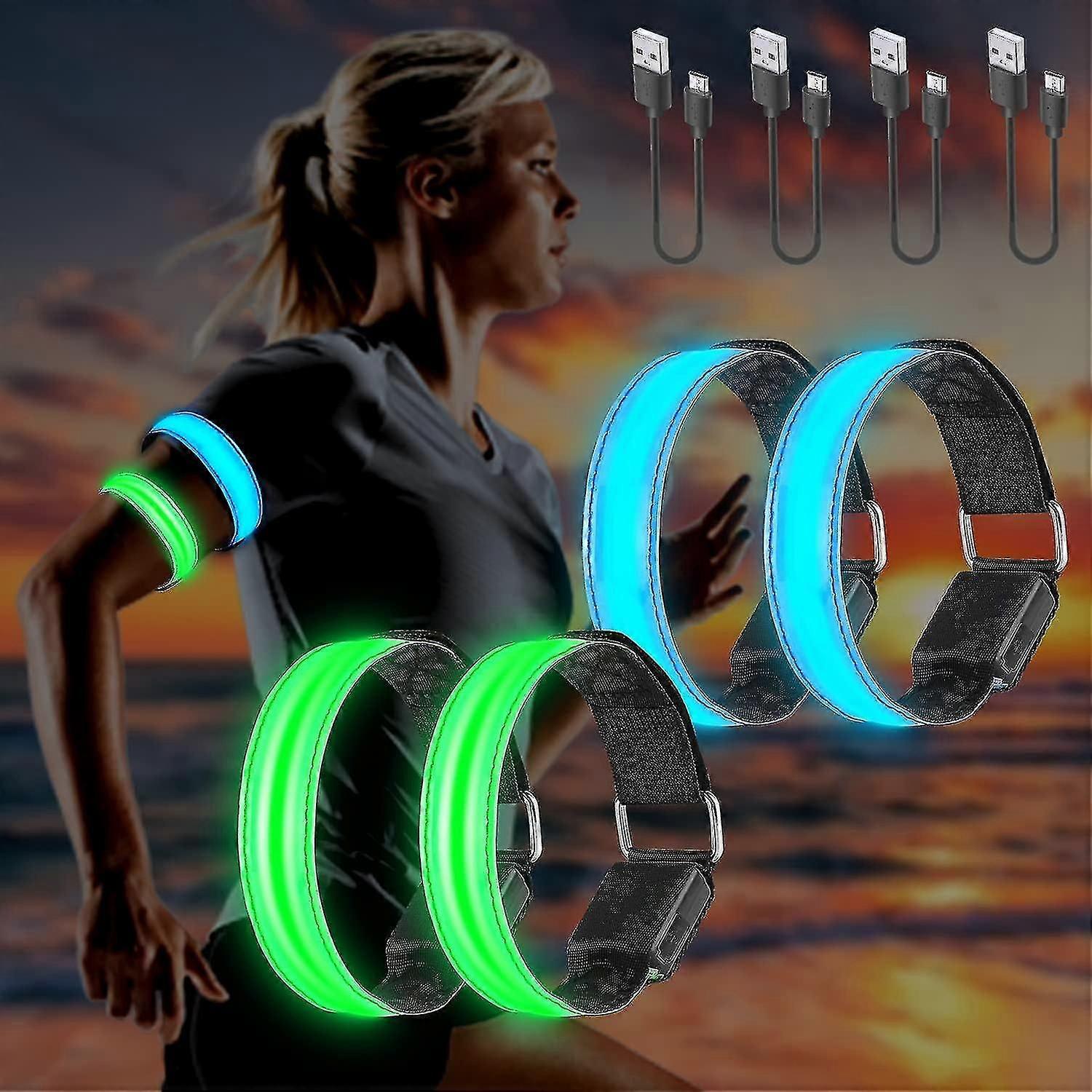 4-Pack USB Rechargeable LED Wristbands, Reflective Flashing Light Night Running Adjustable Safety LED Lights for Arm, Wrist, Ankle