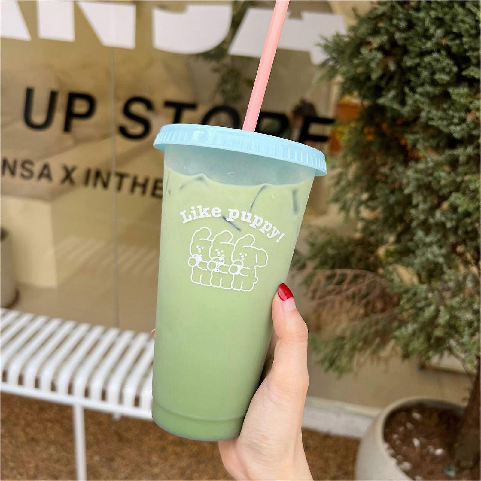 Plastic Coffee Cup Large Capacity Cute Water Cup With Straw Lid for Summer Cold Drinking Three Bears 700ml