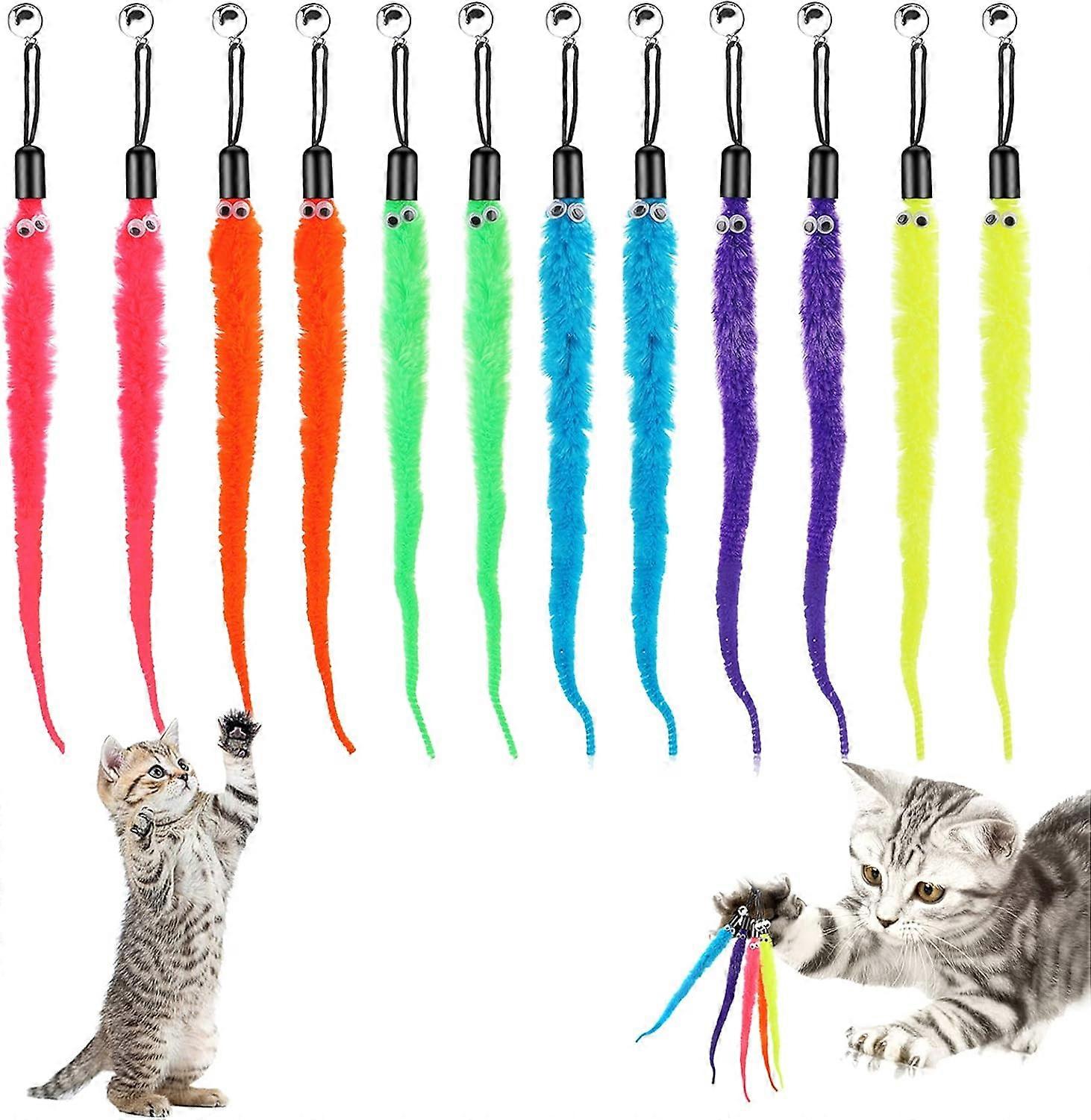 Cat Wand Replacement Refills, 12 Pcs Furry Tail Worm with Bell Interactive Cat Chaser Toys, Kittens Wand Refills Attachments