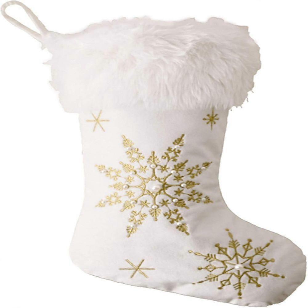 Charming Christmas Stockings, 2Pcs Pure White with Reusable Sequin Glitter Gold Snowflake, Easy to Hang Large Size for Home Office Decorations