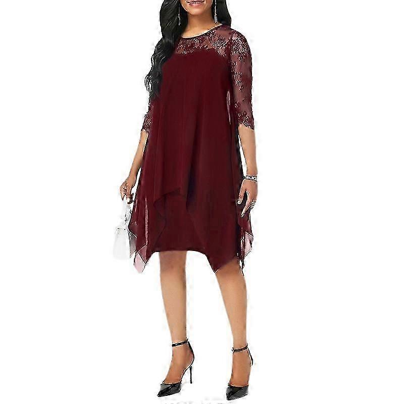 Elegant, Elegant, Lace, Patchwork, Seventh Sleeve, Chiffon, Women's Dress