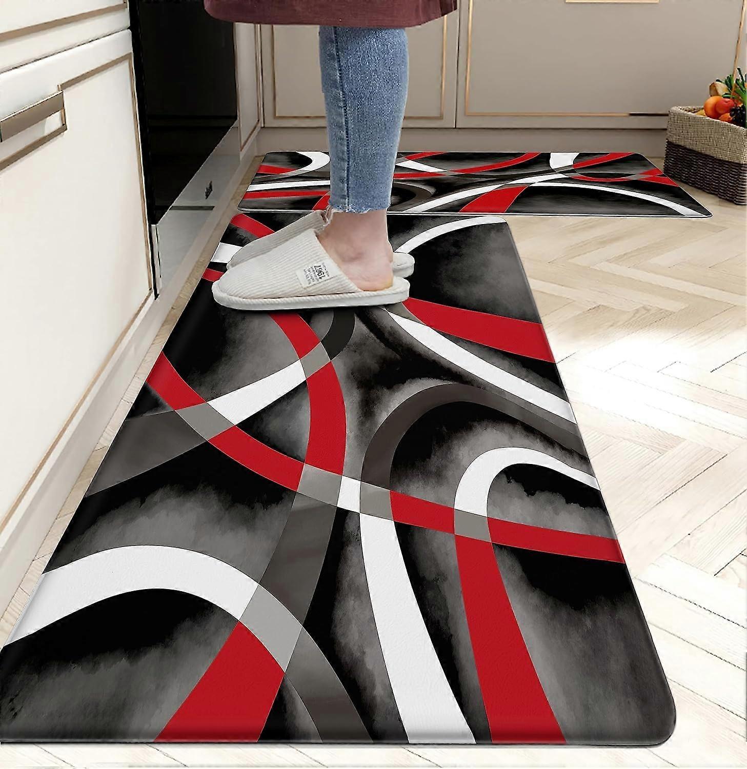 Kitchen Mats for Floor Set of 2, Modern Abstract Red Circle Design, Anti-Fatigue, Waterproof, Non-Skid, 17.3 x 28 & 17.3 x 47 Inch