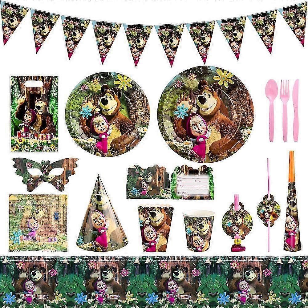 مجموعة أدوات المائدة لحفلة عيد ميلاد ماشا آند بير ، أطباق ورقية ، أكواب ورقية ، حفلة عيد ميلاد للأطفال