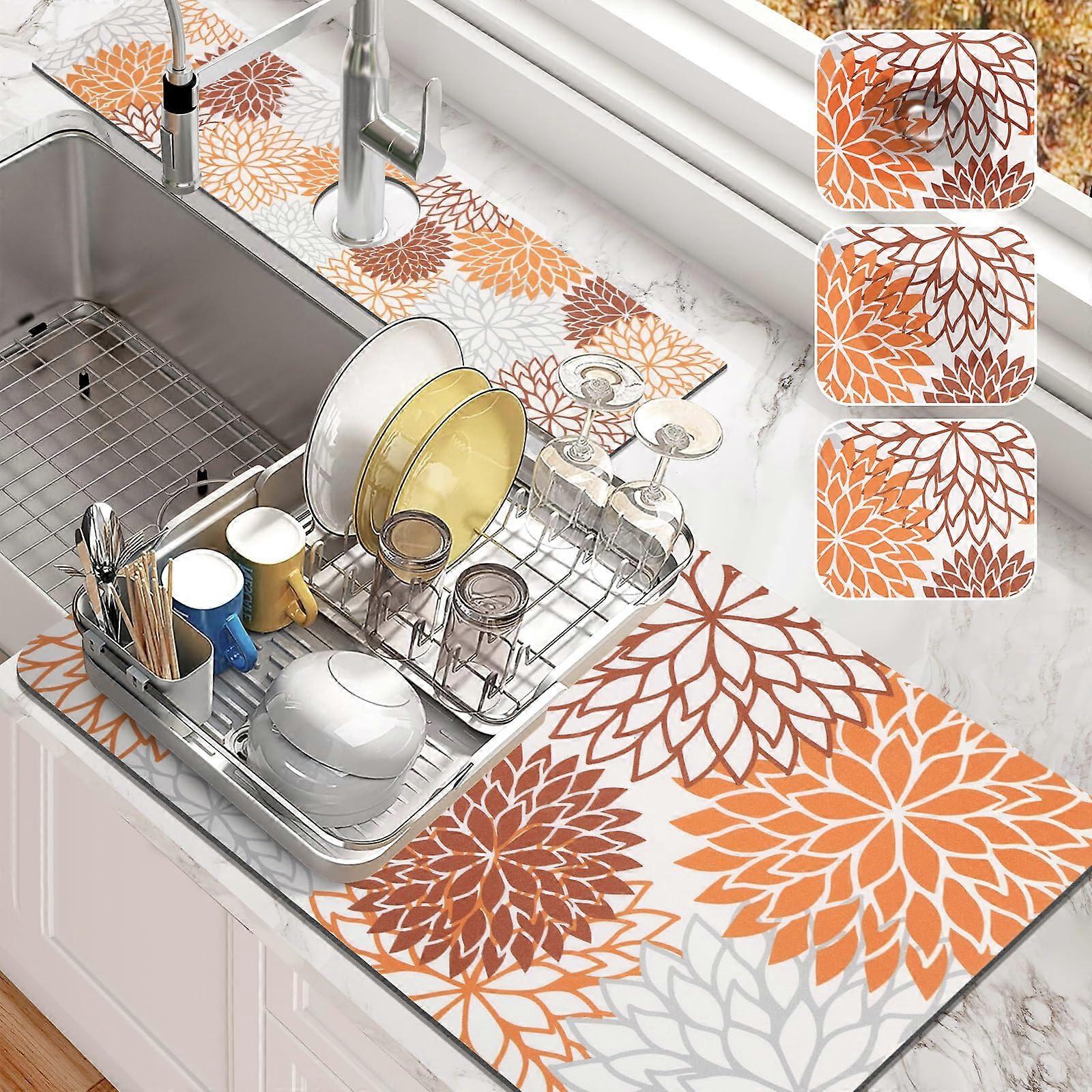 Autumn Food Drying Mat 12” x 20” for Kitchen, Absorbent Stain Resistance, Autumn Orange Floral Design