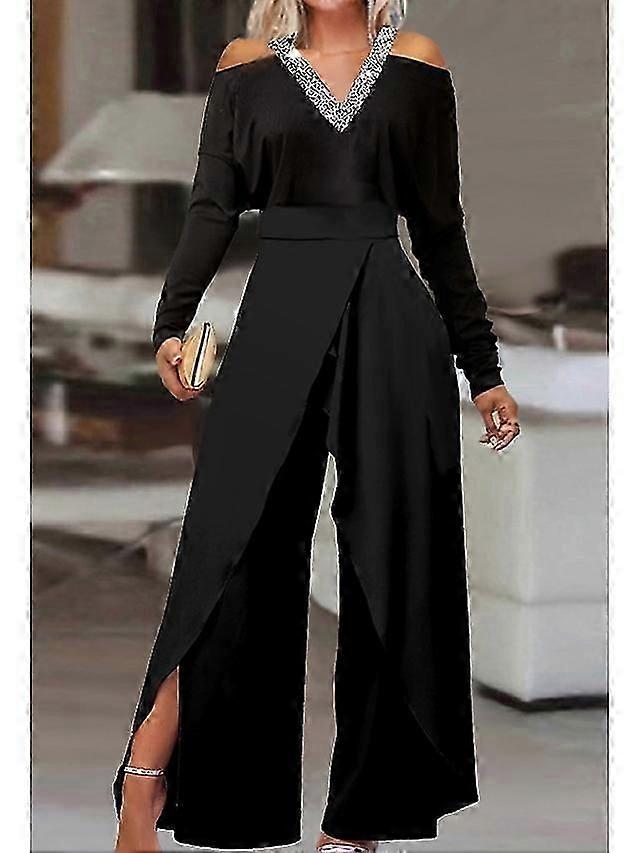 Women's Jumpsuit Sequin Solid Color V Neck Formal Party Weekend Straight Regular Fit Long Sleeve Black