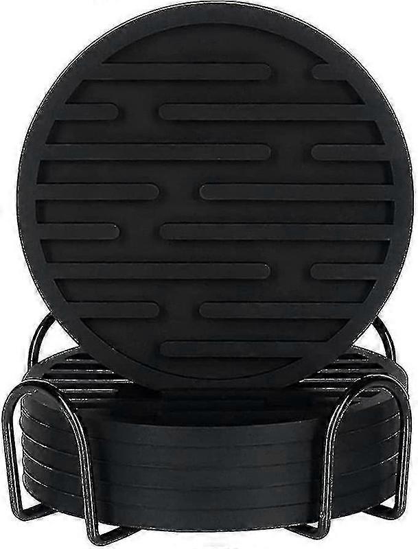 飲み物のためのシリコーンコースター、ホームオフィスで冷たい温かい飲み物のための金属ホルダー付き6pcs深溝コースター(黒)-