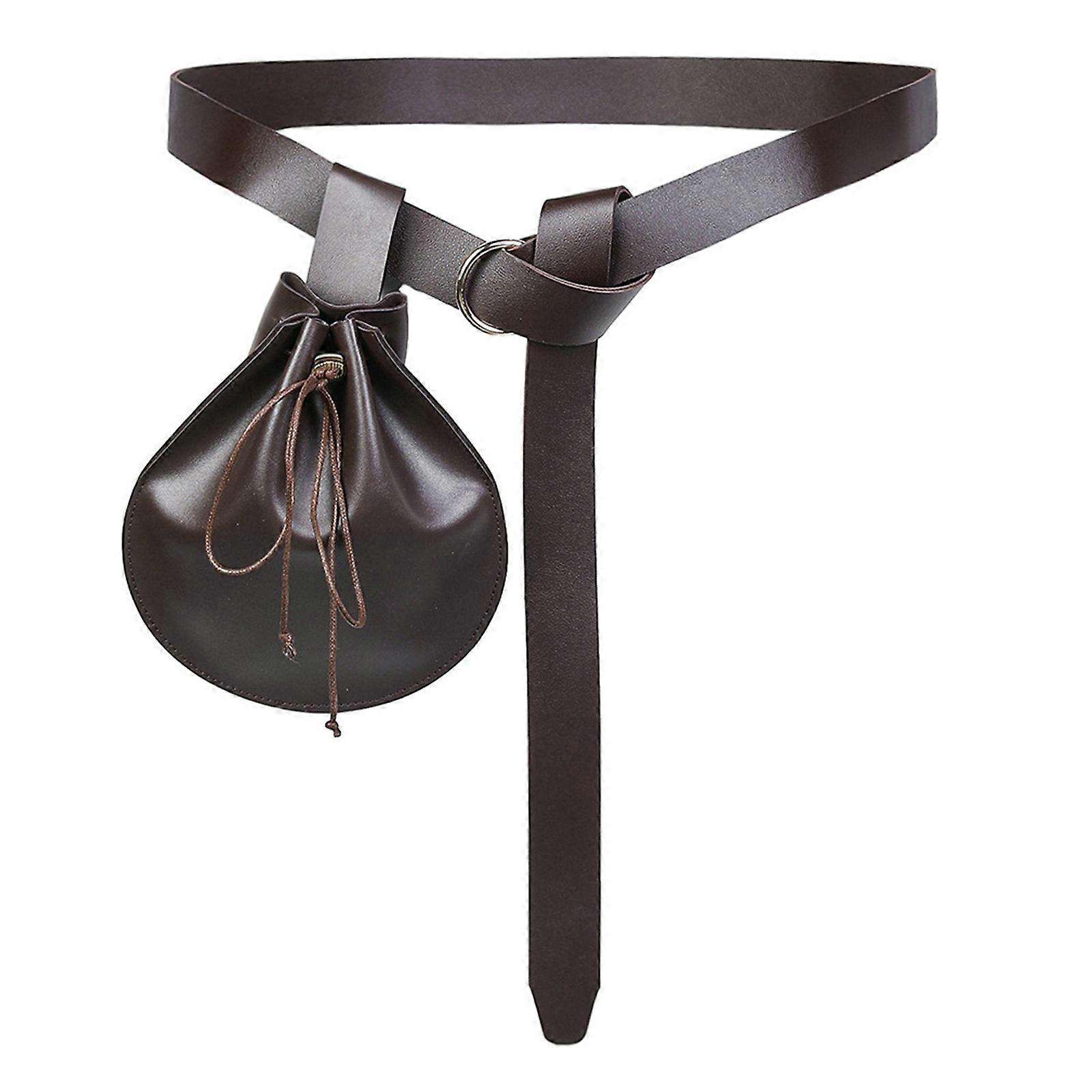 Adjustable O Rings Waist Belt And Drawstring Bag Set For Medieval Theme Parties And Role Playing Party Waist Decoration  brown