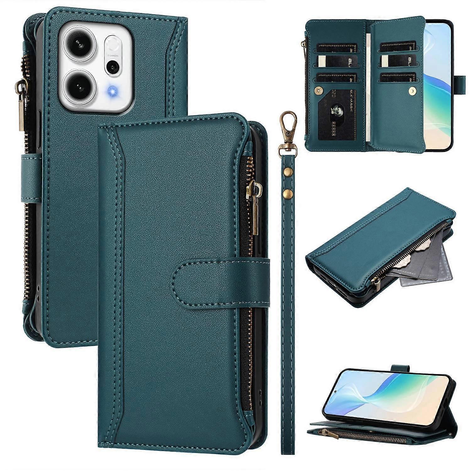 For Oppo Reno14 5G Leather Case 9 Card Slots Zipper Wallet Stand Phone Cover with Wrist Strap - Dark