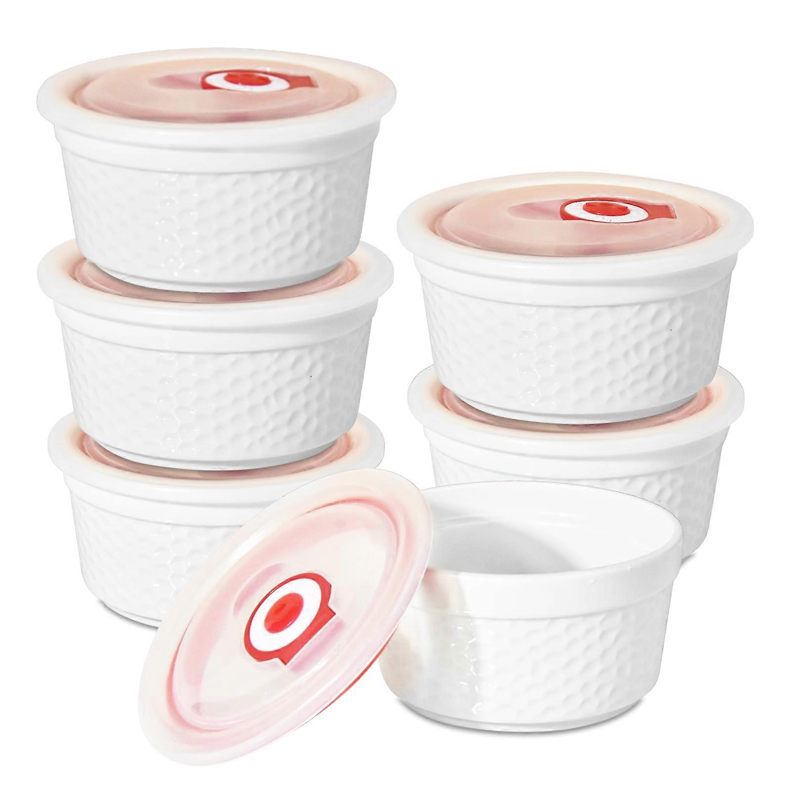 Ramek Oven Safe with Lids 8oz Ceramic Pudding Bowls Set of 6 White