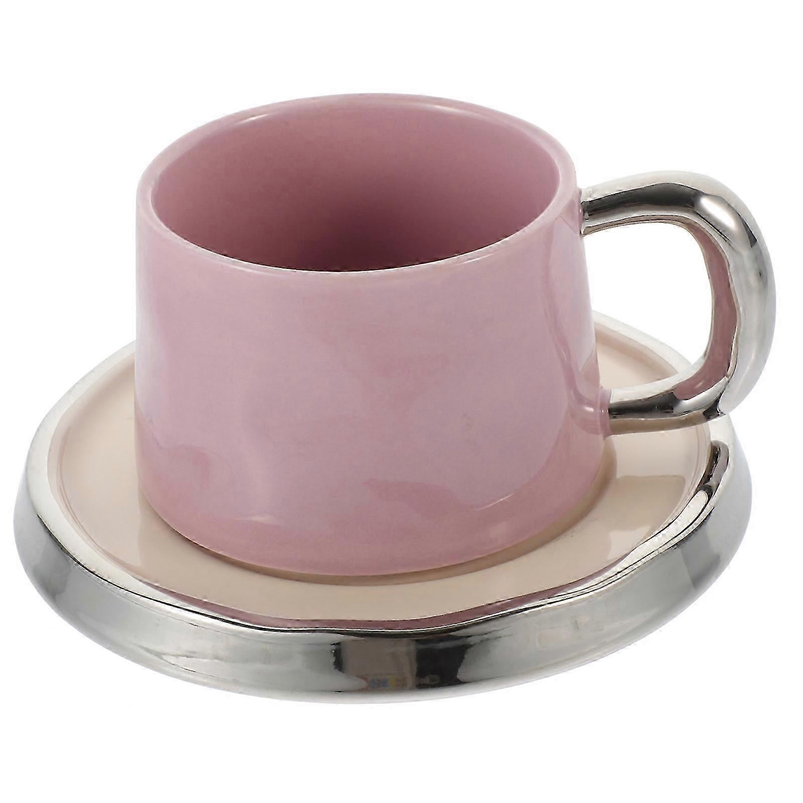 1セットヨーロピアンスタイルセラミックコーヒーティーミルクカップソーサー付き-ピンク13.5x10x6.5cm