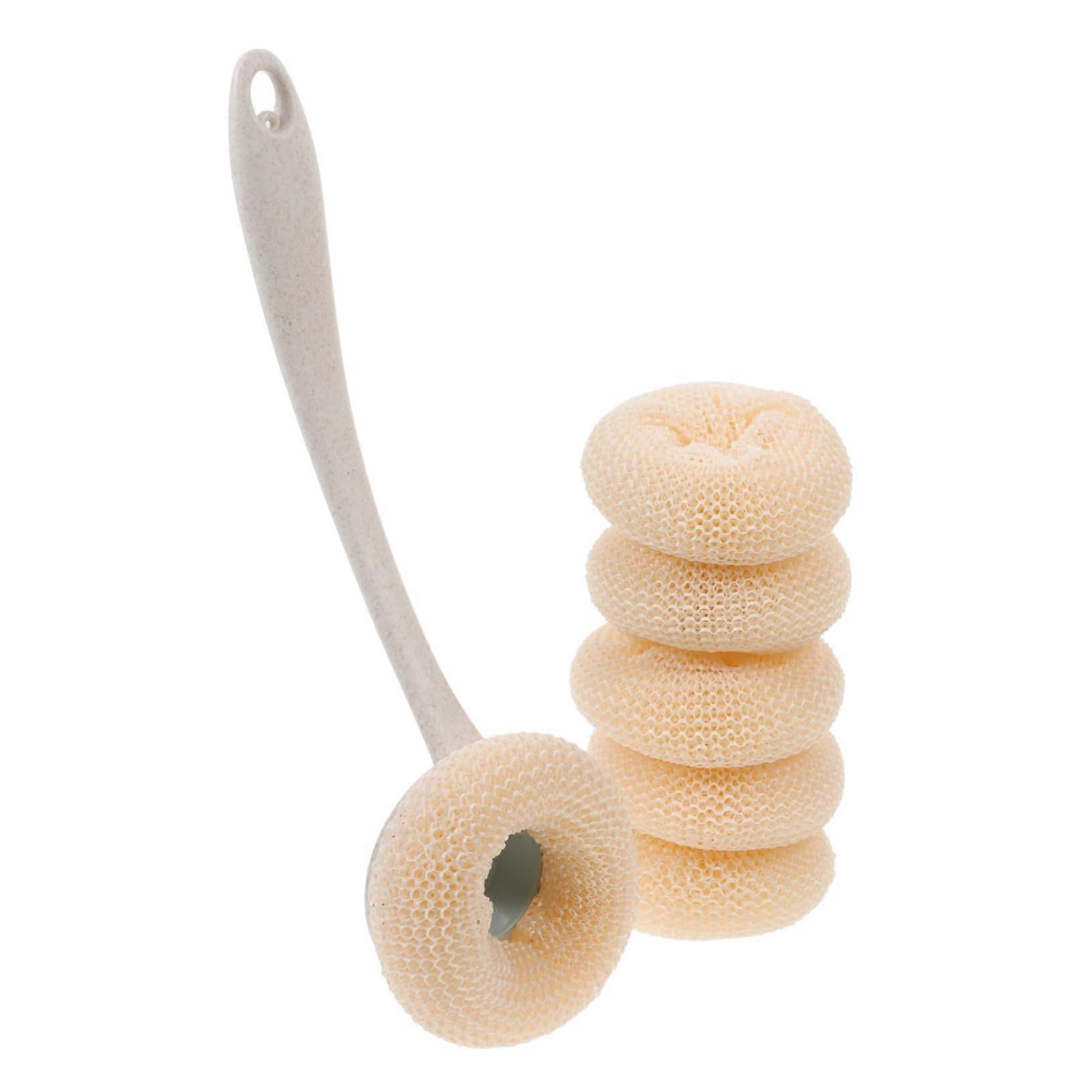 Bamboo Fibre Washing Up Brush Set with Scrubber Handle and Pot Scraper for Kitchen Cleaning - Beige Plastic Dish Washer Tools