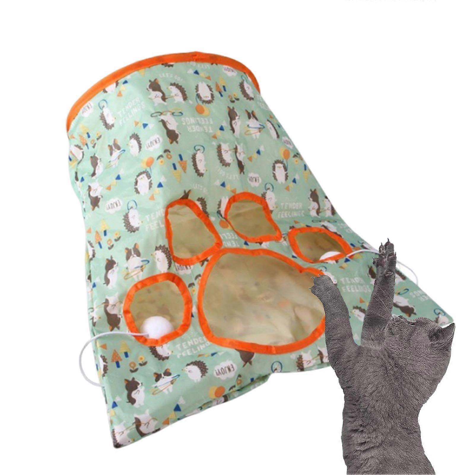 Cat Play Tunnel Bag – Interactive Pet Tube, Paw Design, Plush Ball for Cats, Puppies, Rabbits Green Hedgehog