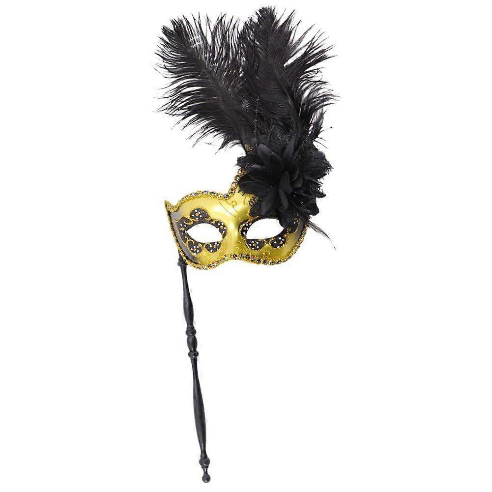 Masquerade Mask Rod Half Face Venetian Mask for Women, Gold Carnival Mask for Halloween Party Accessories
