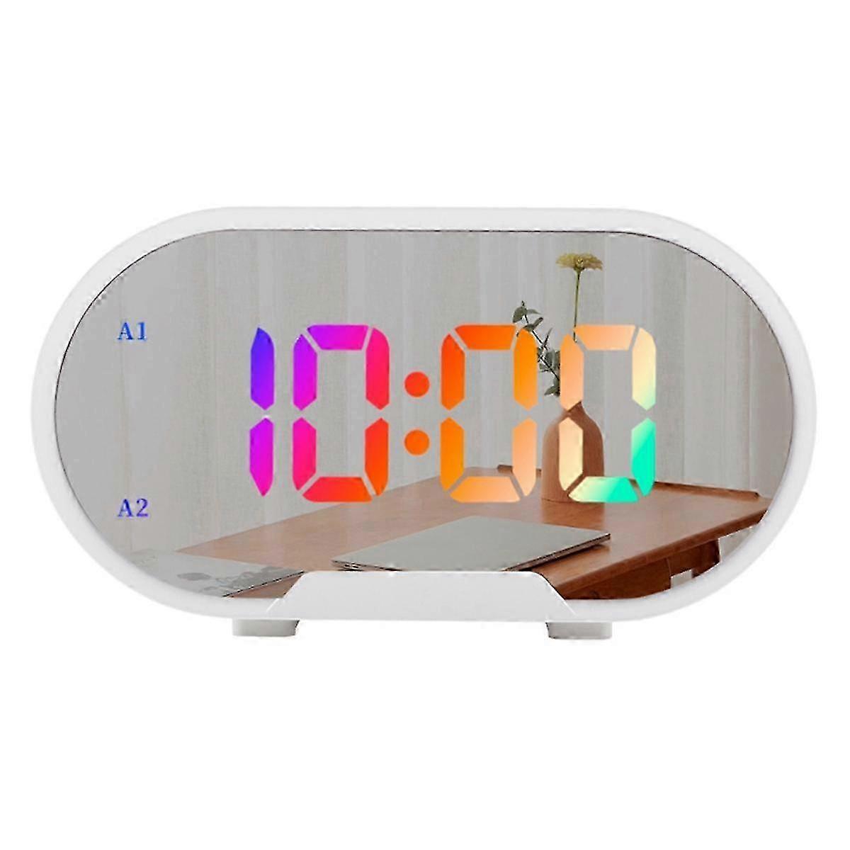 ساعة مرآة ، ساعة رقمية مع شحن USB ، شاشة LED ، ضبط السطوع ، وضع 12/24 ساعة ، منبه مزدوج أبيض