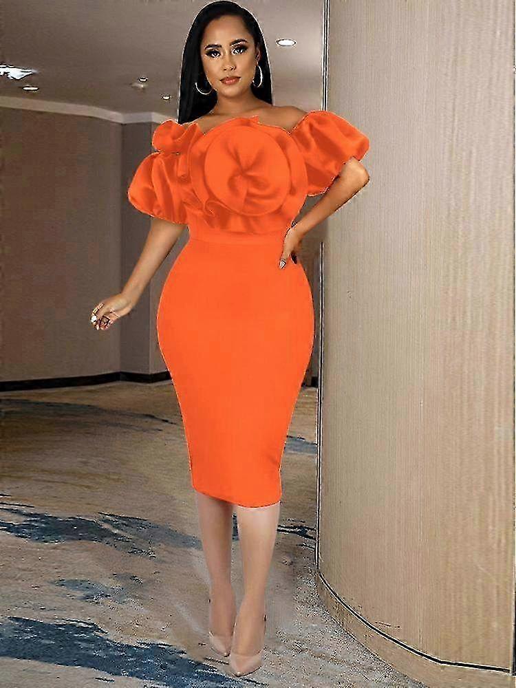 فستان أنيق مكشوف الكتف للنساء مع كشكشة وتصميم زهور - فستان مثير للمناسبات والاحتفالات