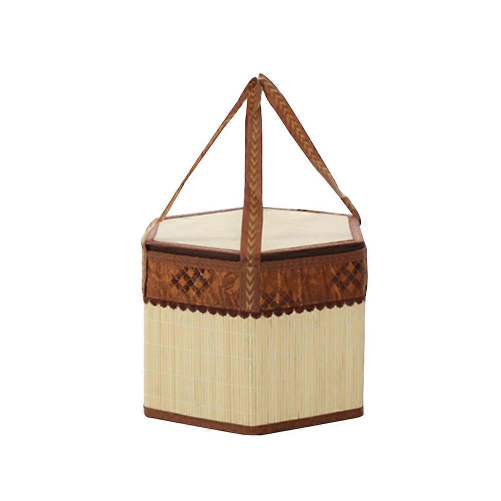 Bamboo Picnic Basket with Lid and Handle for Storage Khaki Color Strong Woven 12.5 x 8.5 x 14 inches