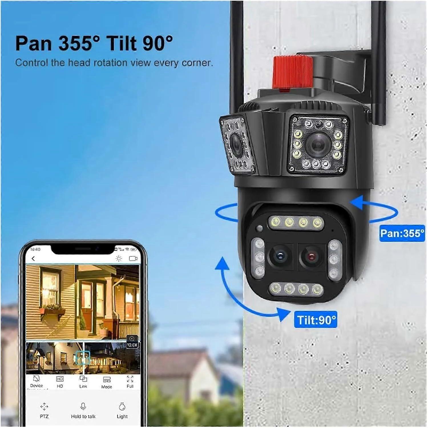 Caméra de sécurité HD WiFi sans fil 16MP, caméra WiFi de sécurité 8k extérieure avec trois objectifs, détection de mouvement, vue à 360°, caméra audio 2 voies -CAN