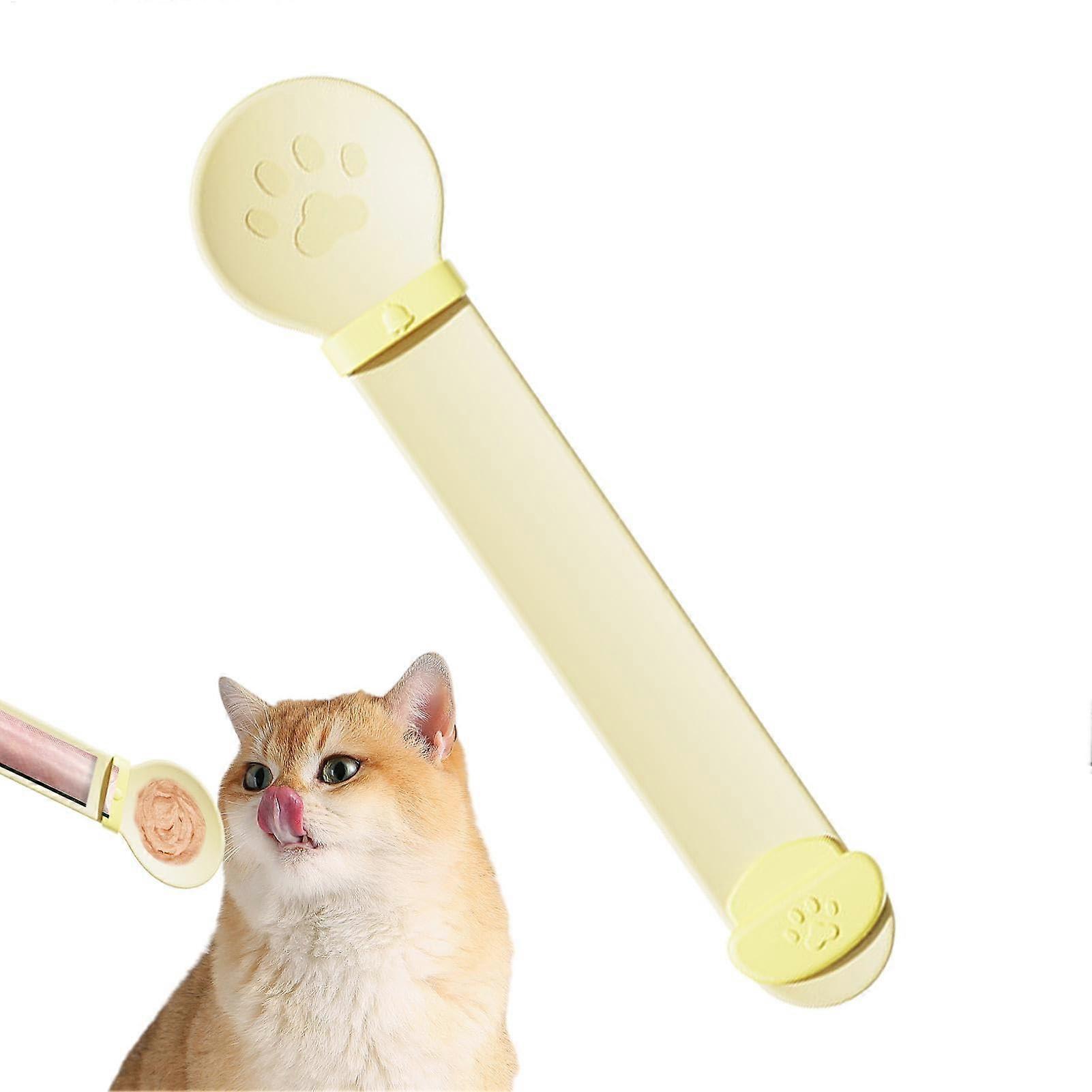 Cat Stripe Feeder for Cats, Portable Snack Dispenser with Non-Slip Spoon, Yellow, Suitable for Puree and Biscuits