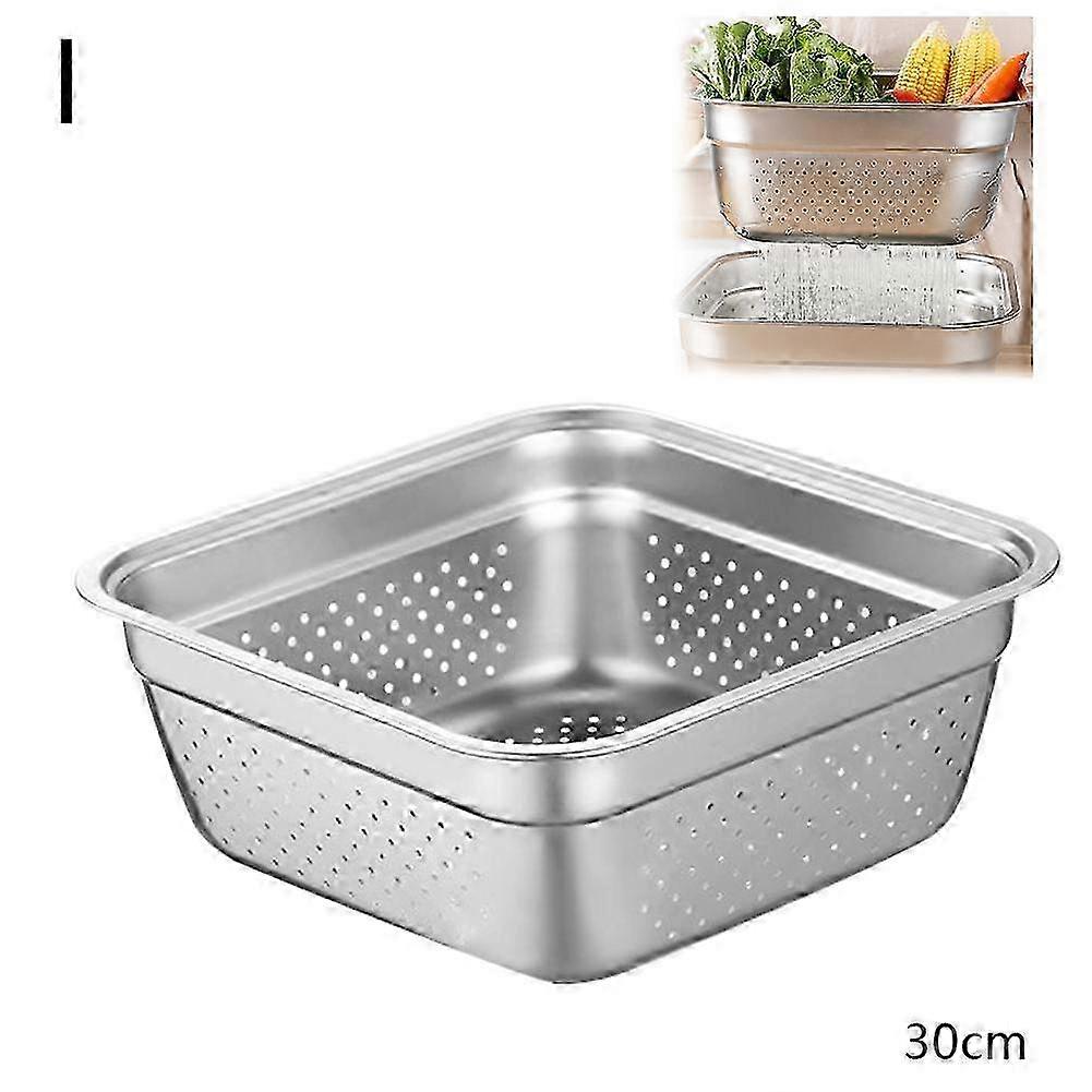 Thickened Stainless Steel Drain Basin Flat Bottom Sieve Rice Drain Basin30cm Leaky basin series