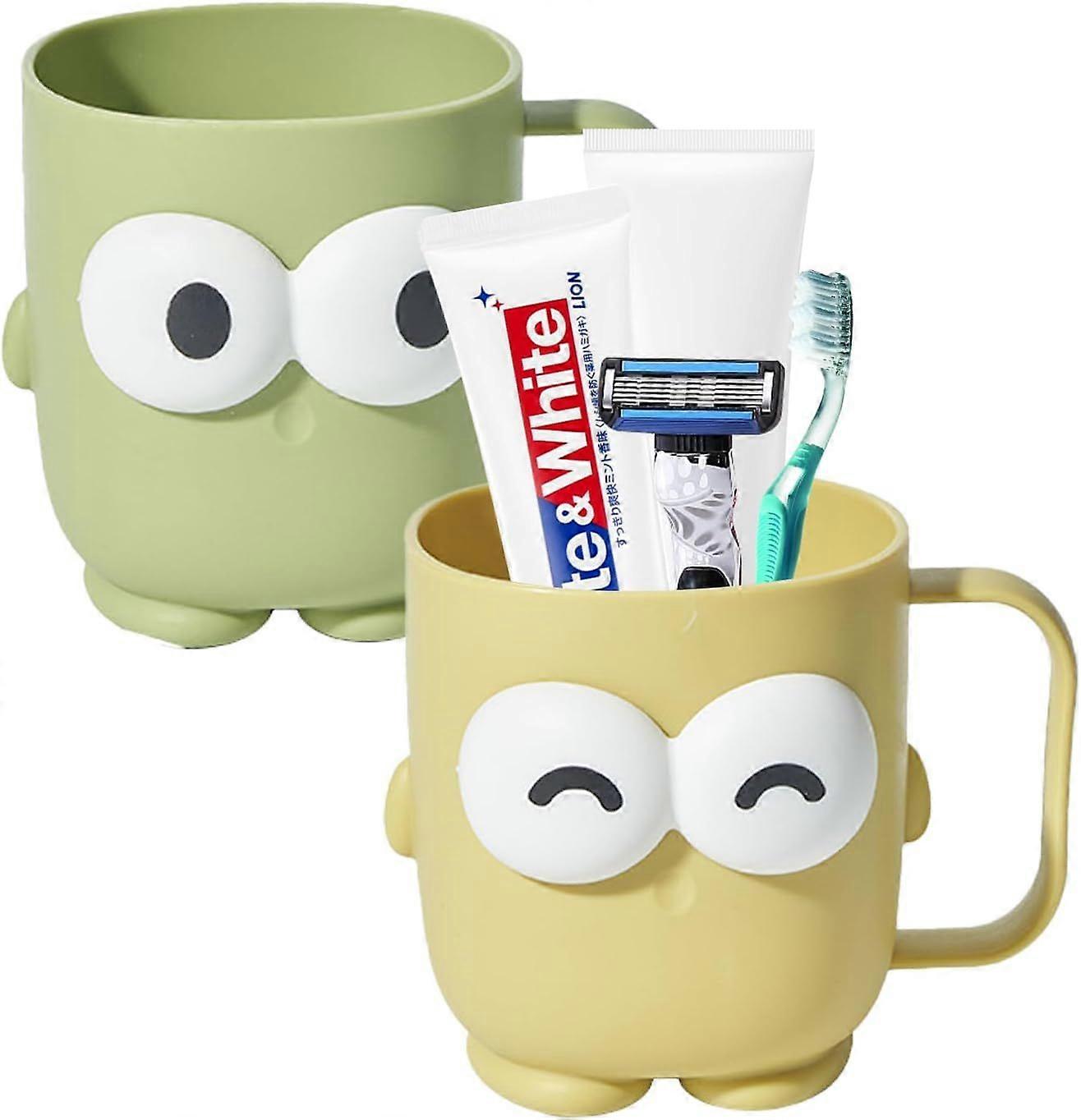 2 Pcs Plastic Bathroom Toothbrush Cup Holder with Cartoon Pattern Children's Multifunctional Tooth Mug with Handle Reusable Cup Bathroom Cup