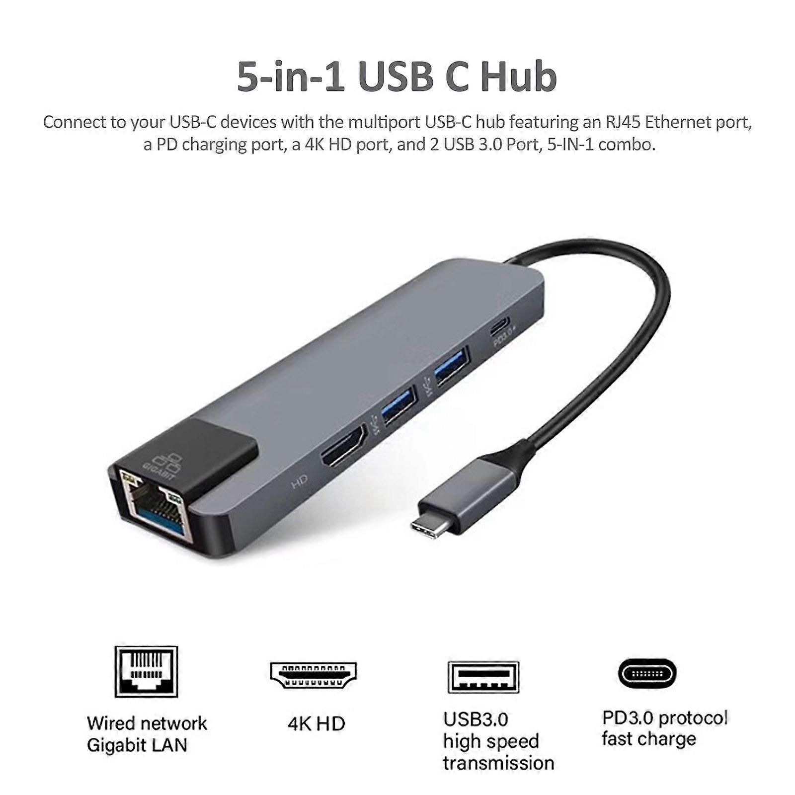 5-IN-1 USB C Hub Type-C Docking Station Multiport Adapter with 4K HD RJ45 Ethernet USB 3.0 PD Charging Port Compatible with MacBook MateBook ChromeBoo