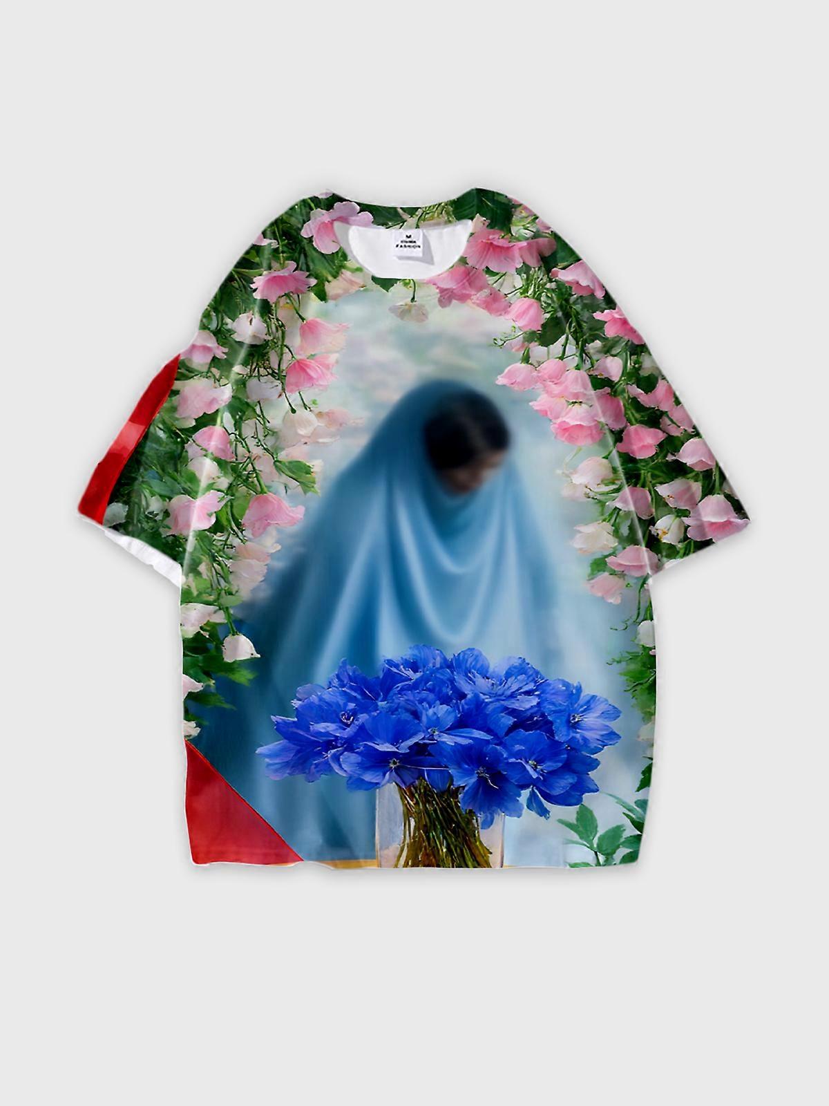 T-Shirt Round Neck, Loose Short Sleeve Pattern Graphic Tee, Unisex Summer Casual Top V2372