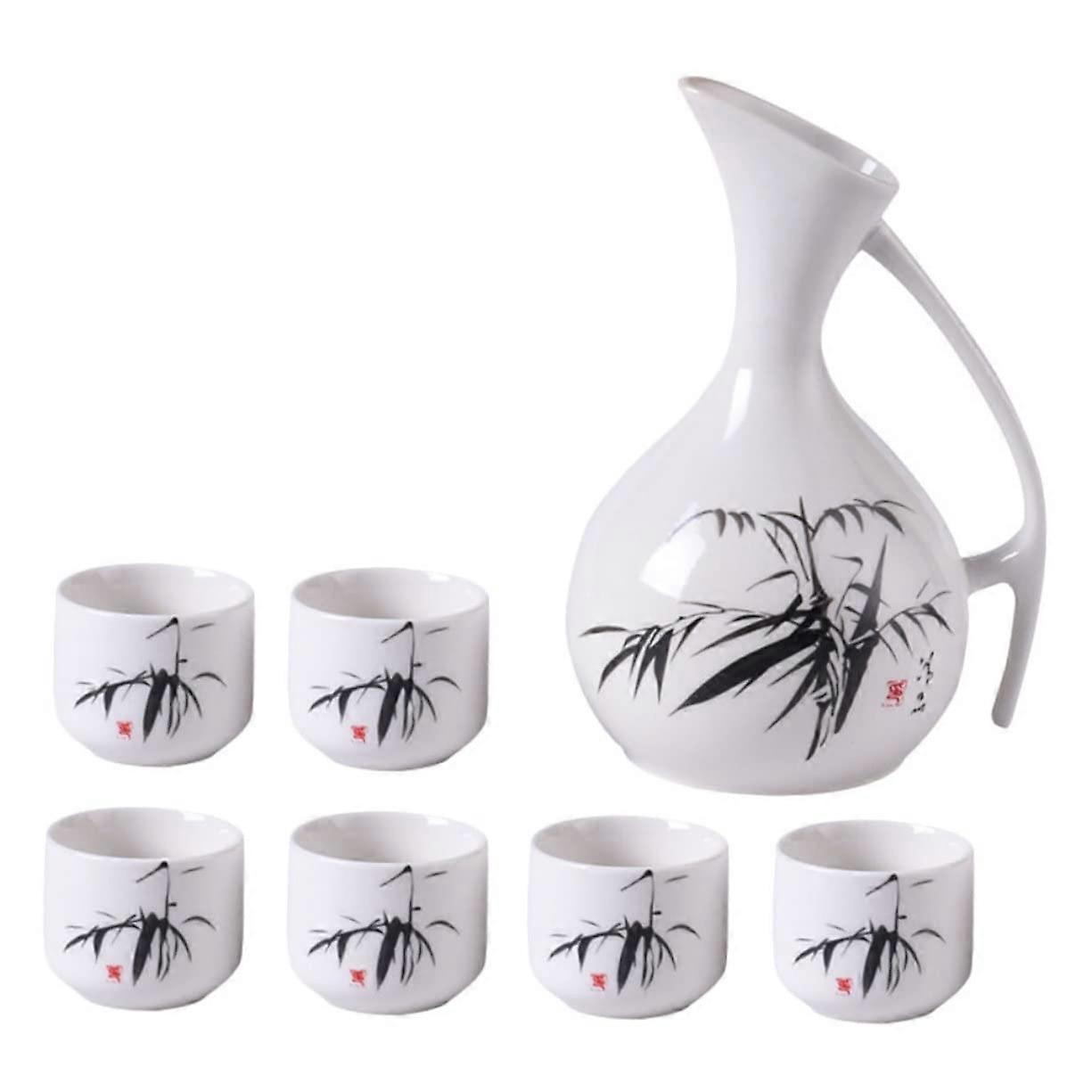 Bamboo Pattern Ceramic Sake Cups and Wine Dispenser Set