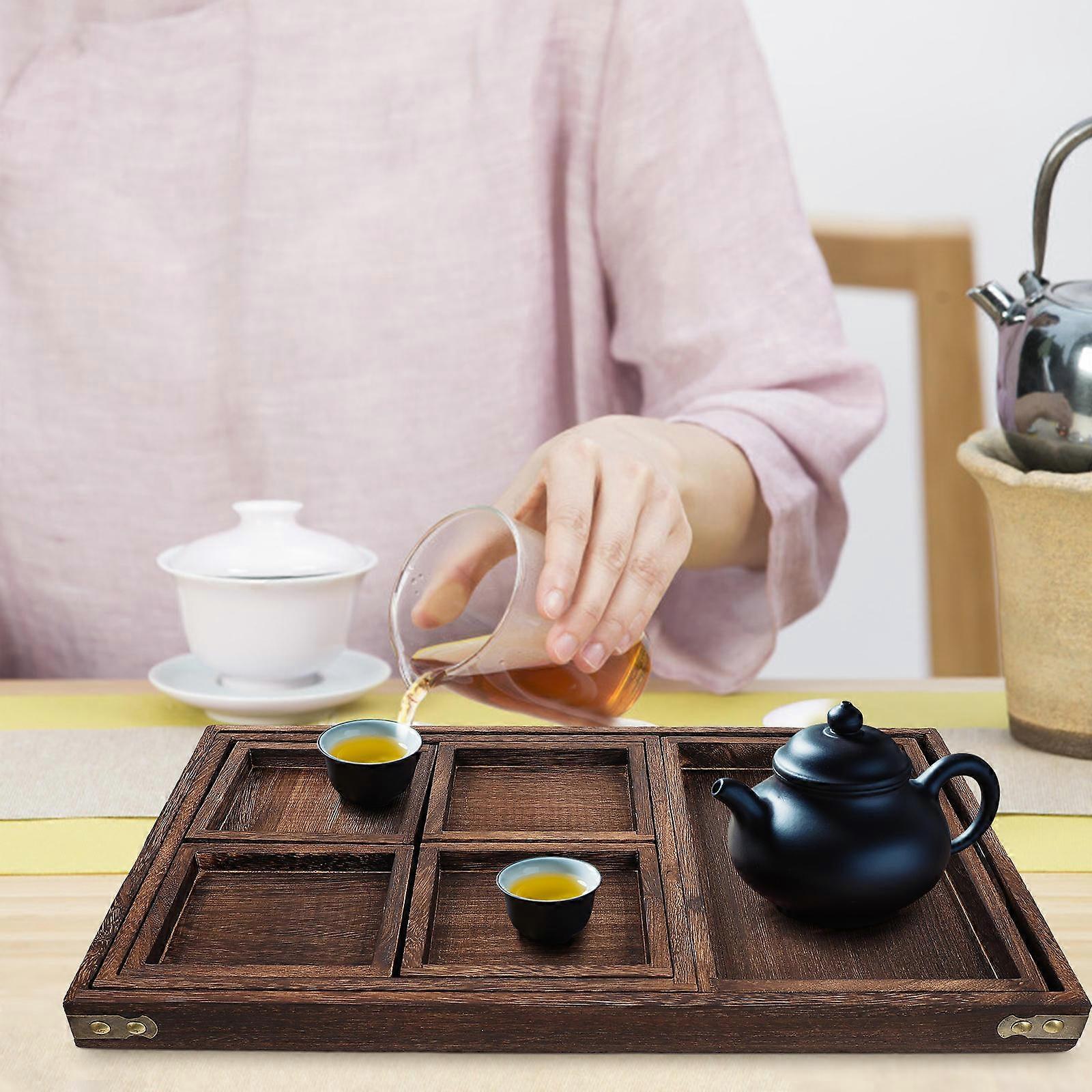 Practical Food Serving Tray Wooden Tray for Home Use 2Pcs Dark Brown