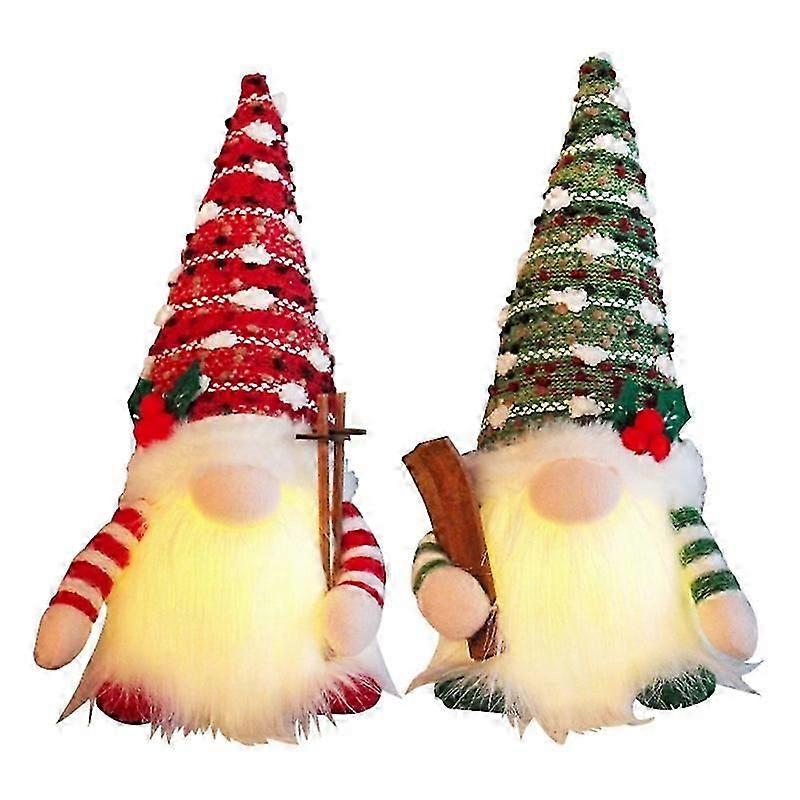 2xIlluminated Holiday Doll Decor Plush Knitted Figure with White Beard Handmade