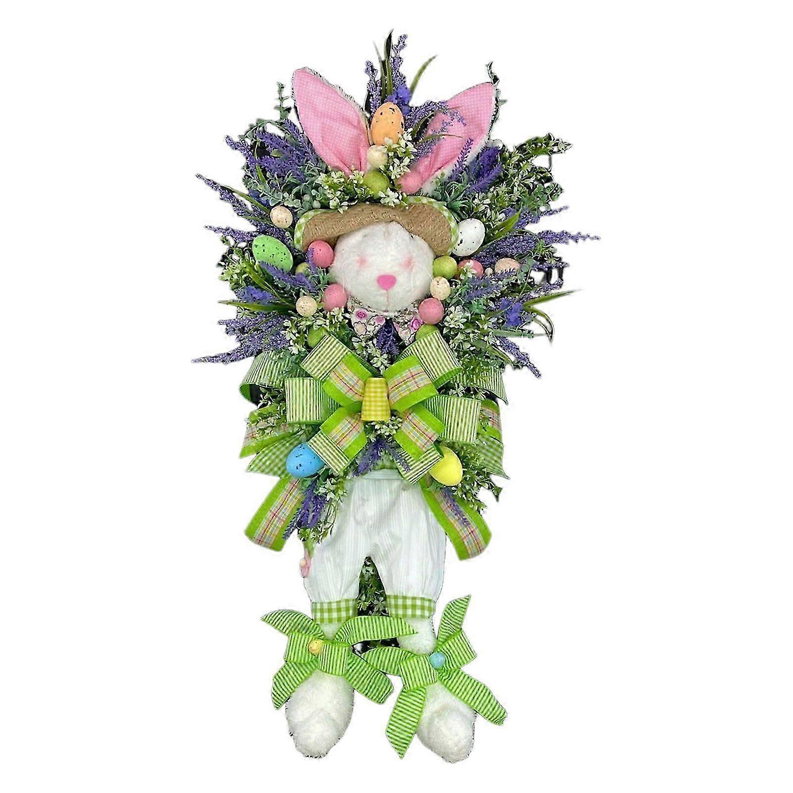 Easter Bunny Wreath Spring Season Front Door Hanging Decoration Artificial Flower Rabbit Wreath with Bow for Wall Window Decor