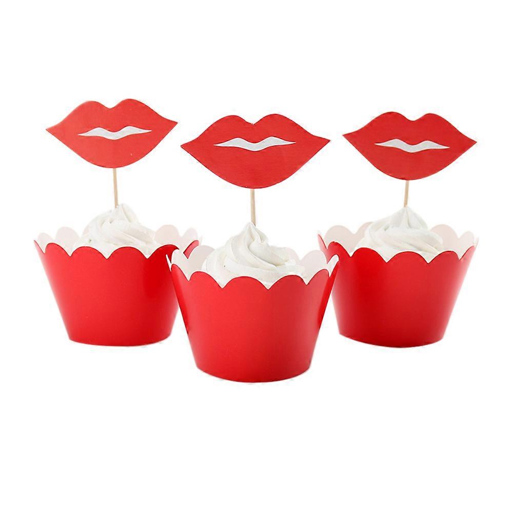 Red Lip Cupcake Toppers Wrapper Kit for Cupcake Decoration 12Pcs Set