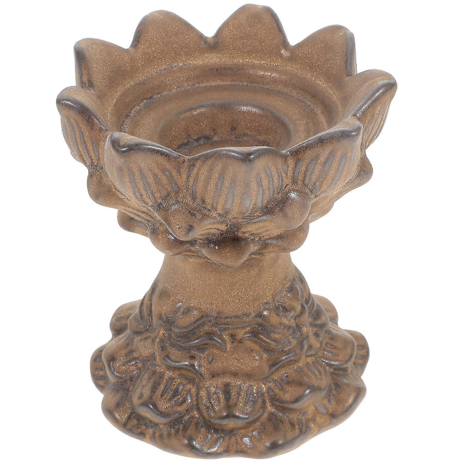 Embossed Ceramic Candle Holder 2Pcs For Buddhist Hall Decor Ideal For Religious Use In Yellow Color