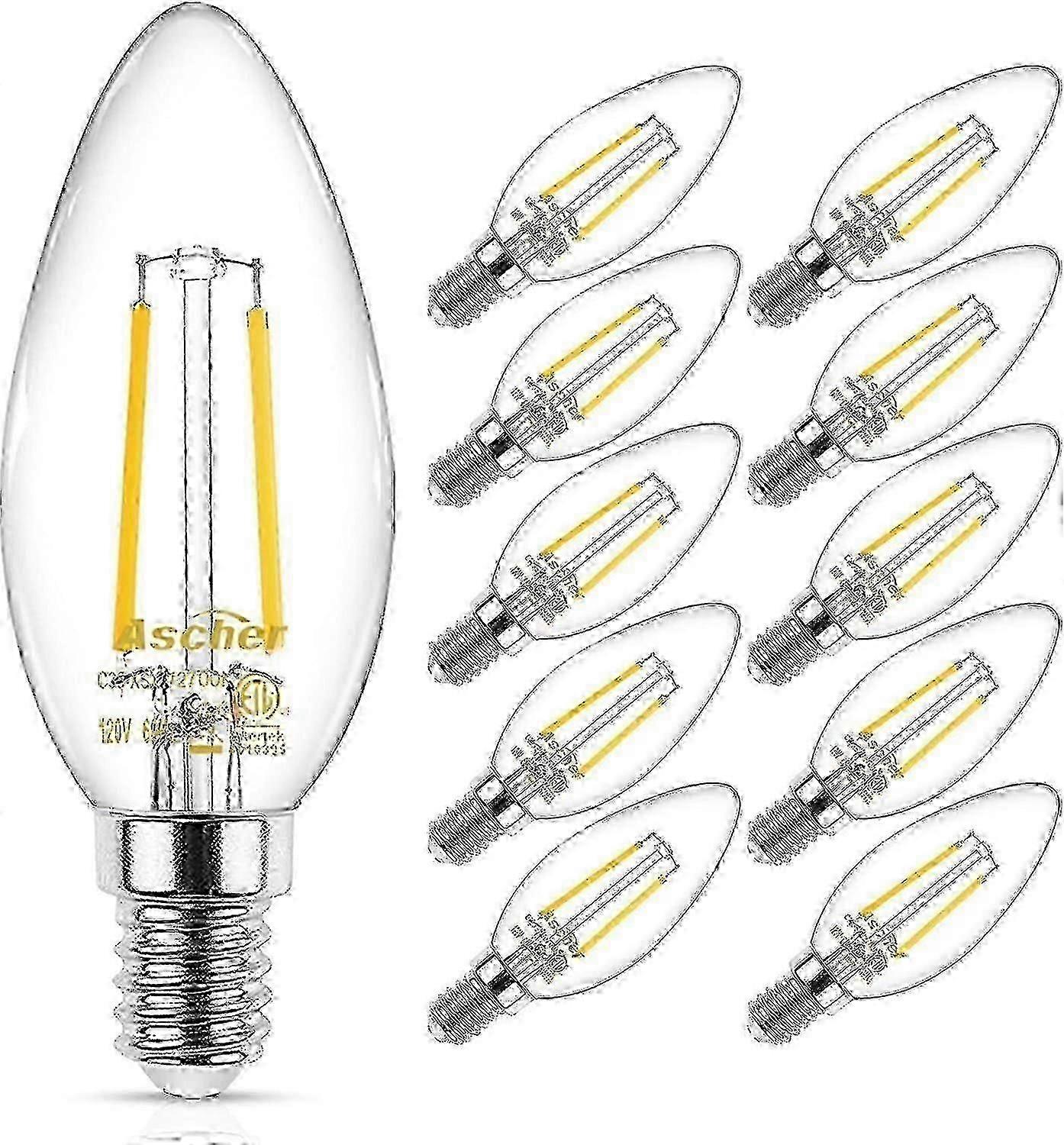 Pakke med 10 klassiske E12 LED-lysestagerpærer, 40W ækvivalent med varm hvid 2700K med klar glasglødetråd