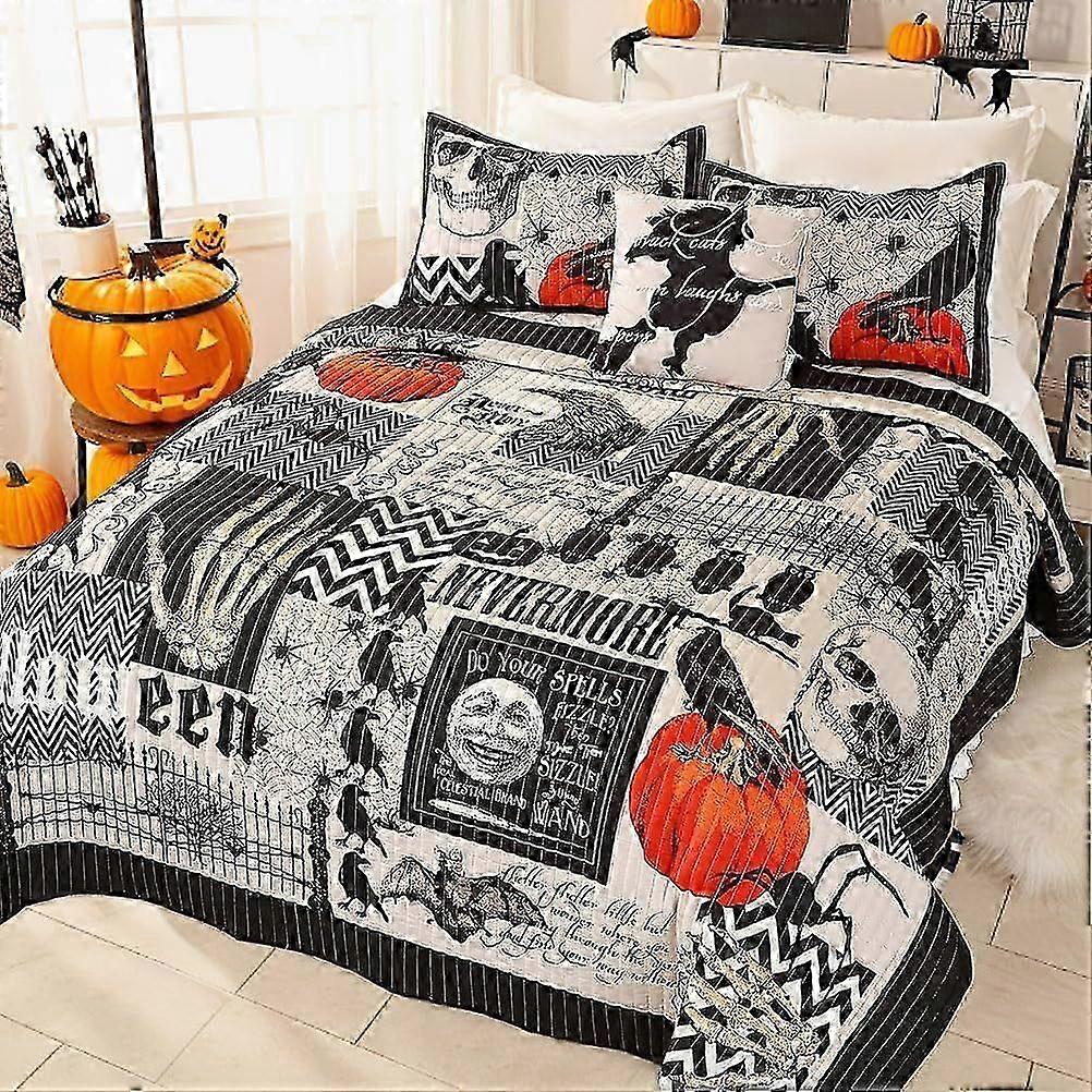 Halloween bedspread black queen size quilt set three piece