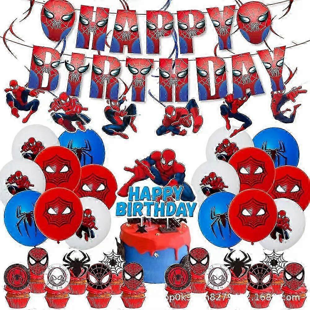 스파이더맨 테마 생일 파티 장식 용품 25-26개, 식기류, 컵, 접시, 냅킨, 스파이더맨 풍선, 해피 파티 데코 (어린이/남자아이용) 안전하고 최고 품질