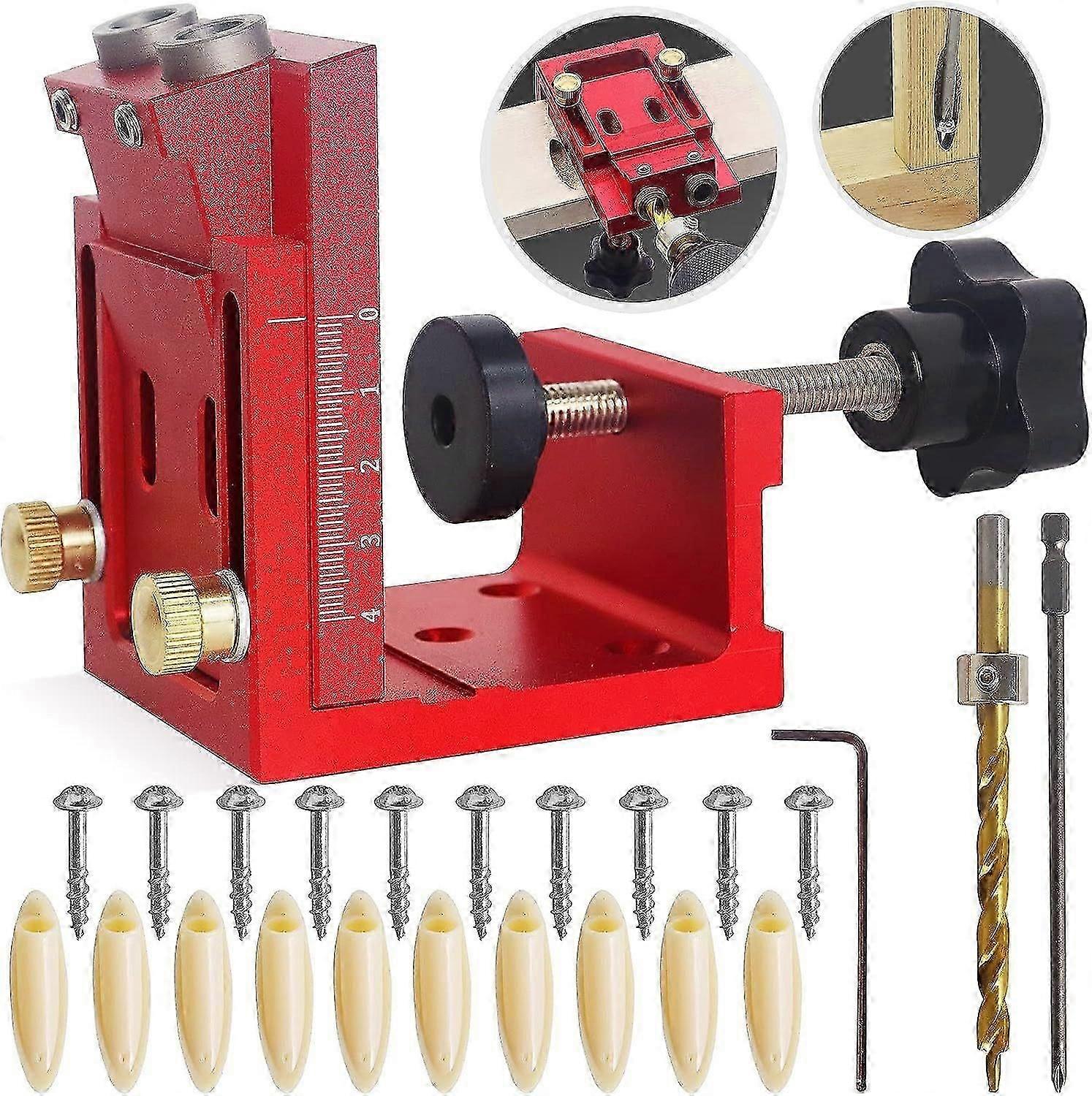 Pocket Hole Jig Kit, Adjustable Woodworking Tools, 15 Angle Jig Set for Wood, Includes Drill Bits, Screws & Plugs, Ideal for DIY Carpentry, Red