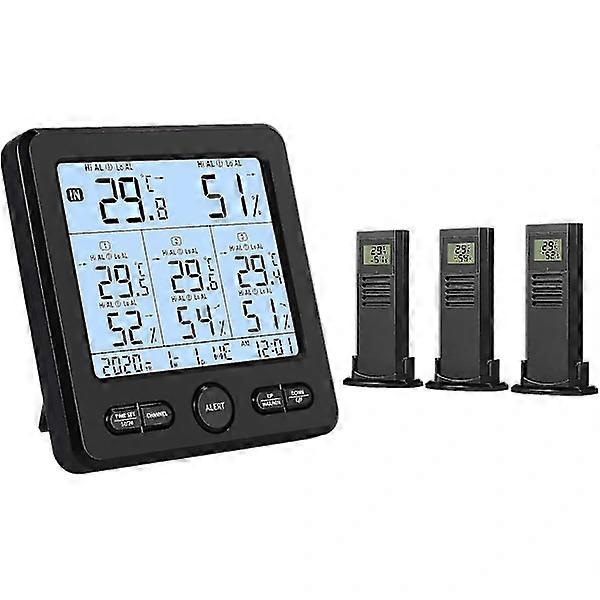 Wireless weather station with 3 outdoor sensors indoor/outdoor digital thermometer hygrometer with temperature/humidity calibration audible/backlit A