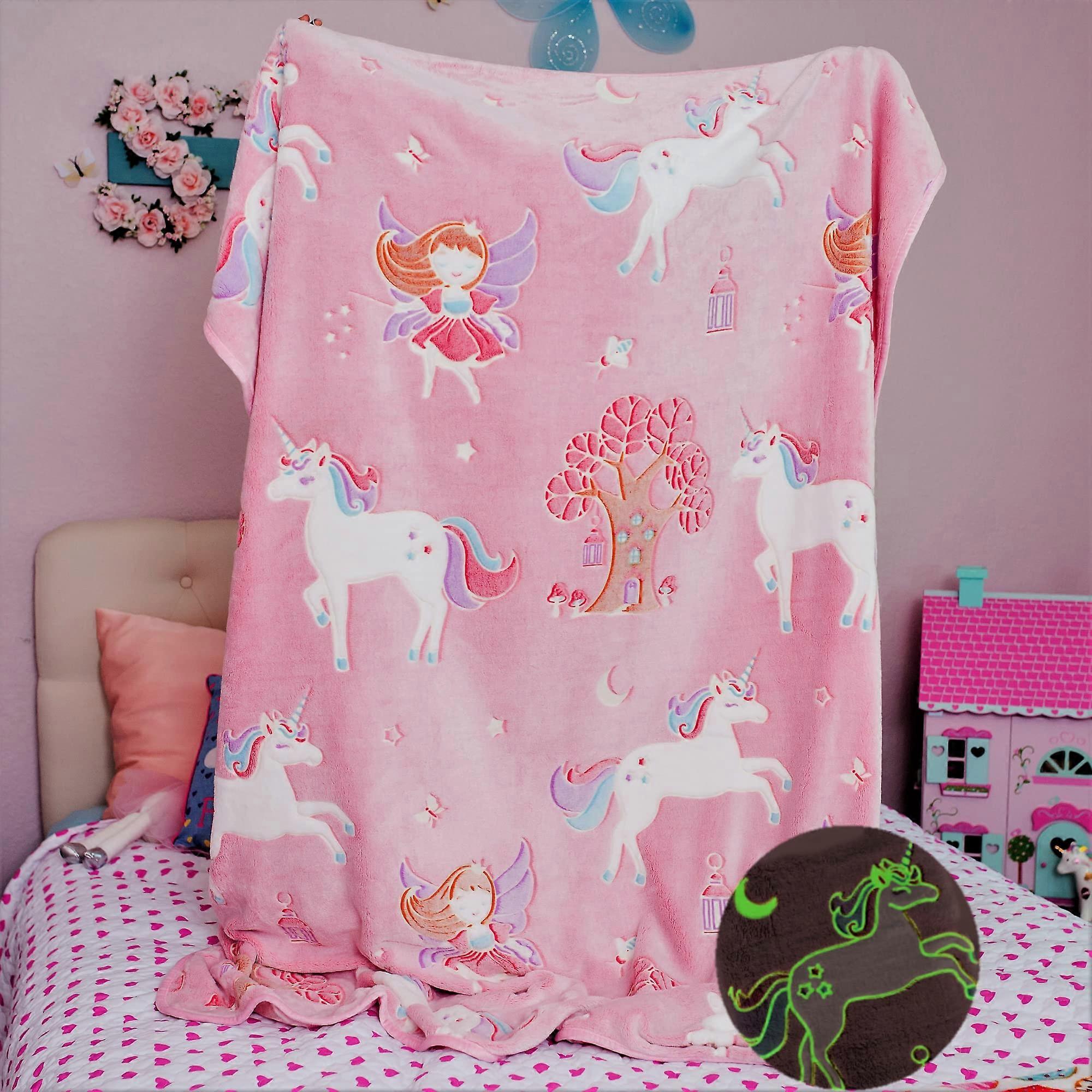 Glow in The Dark Unicorn Blanket for Girls with Stars and Butterflies, Soft Fleece Throw 60x50 Pink