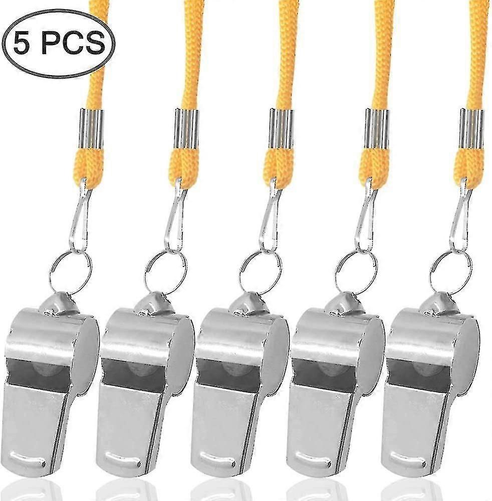 5 حزمة صفارة الفولاذ المقاوم للصدأ مع الحبل الأصفر للحكم ، المدرب ، البقاء على قيد الحياة ، الطوارئ ، كرة القدم