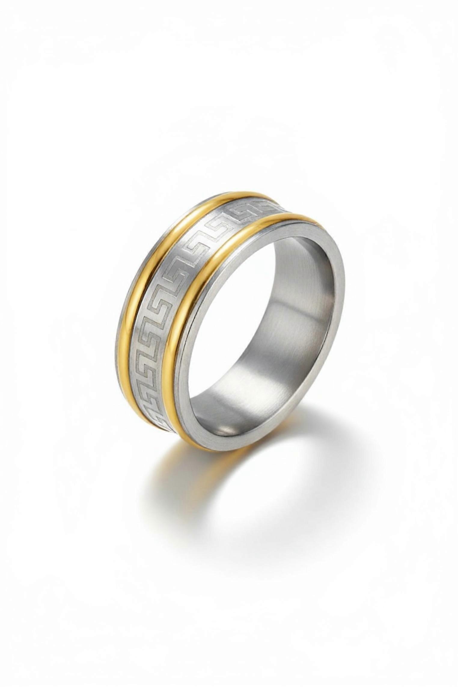 Mens El Grecco Band Ring Silver Gold