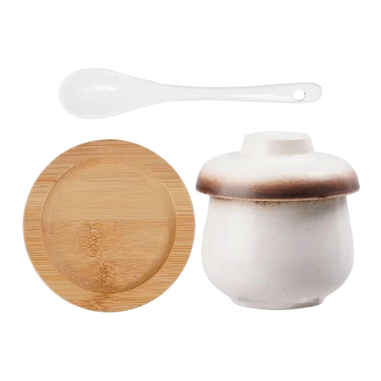 Ceramic Stew Pot with Lid and Spoon, 250ml Small Soup Bowl for Steaming Desserts and Soups