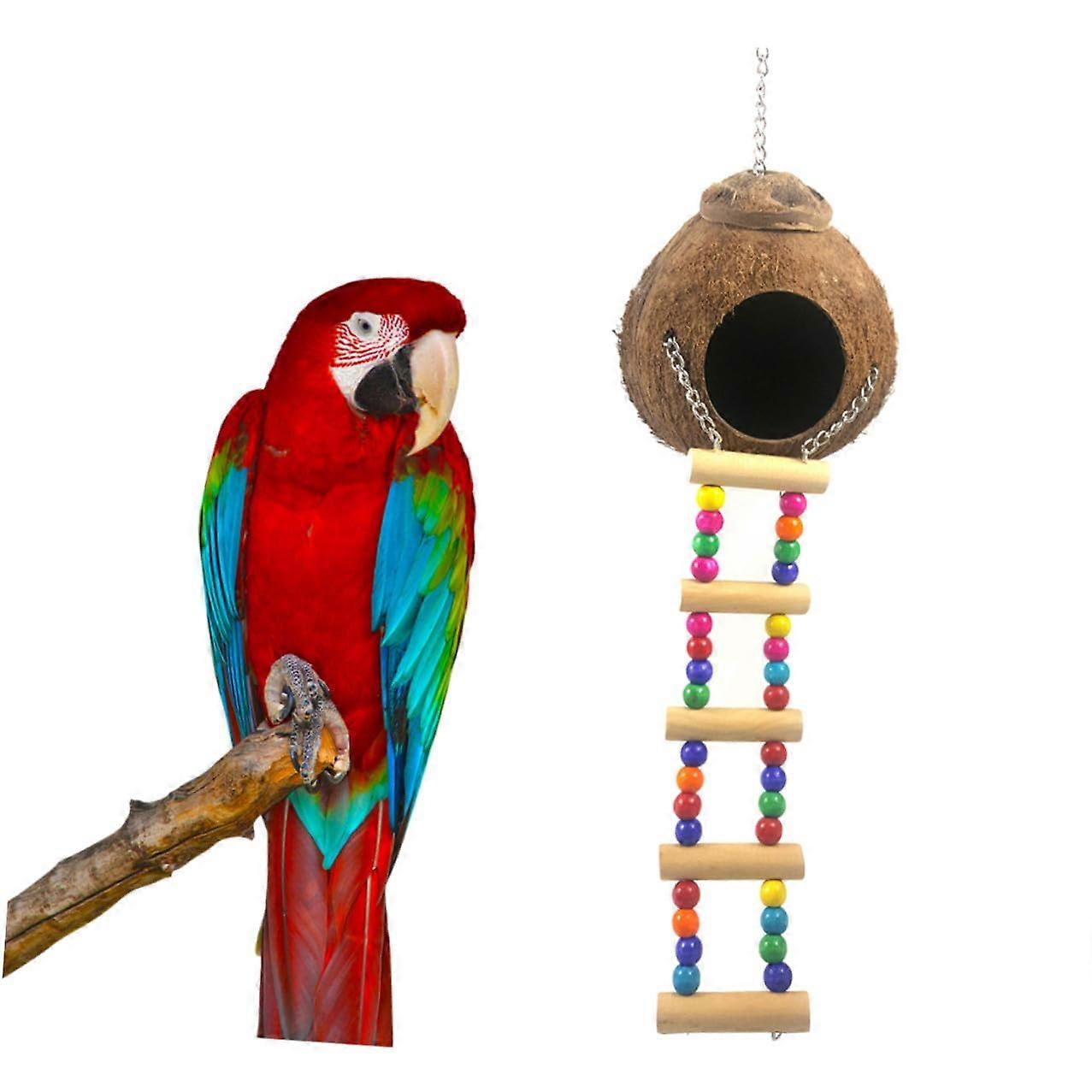 Natural Wooden Parrot Coconut Shell Nest with Ladder for Cockatiels Parakeets Budgies