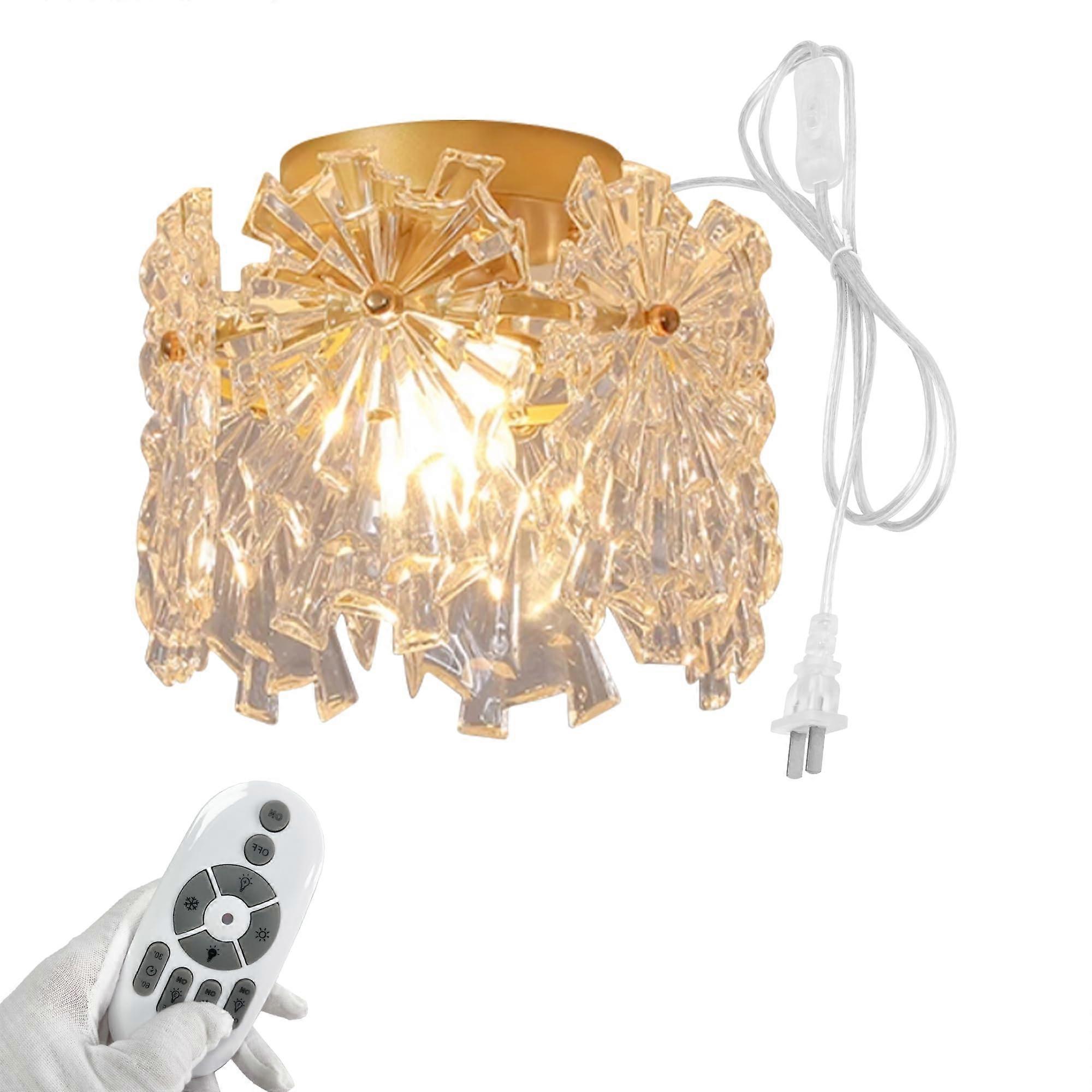 Modern Crystal Chandelier with Remote Dimming, Plugin Flush Mount Ceiling Light for Bedroom