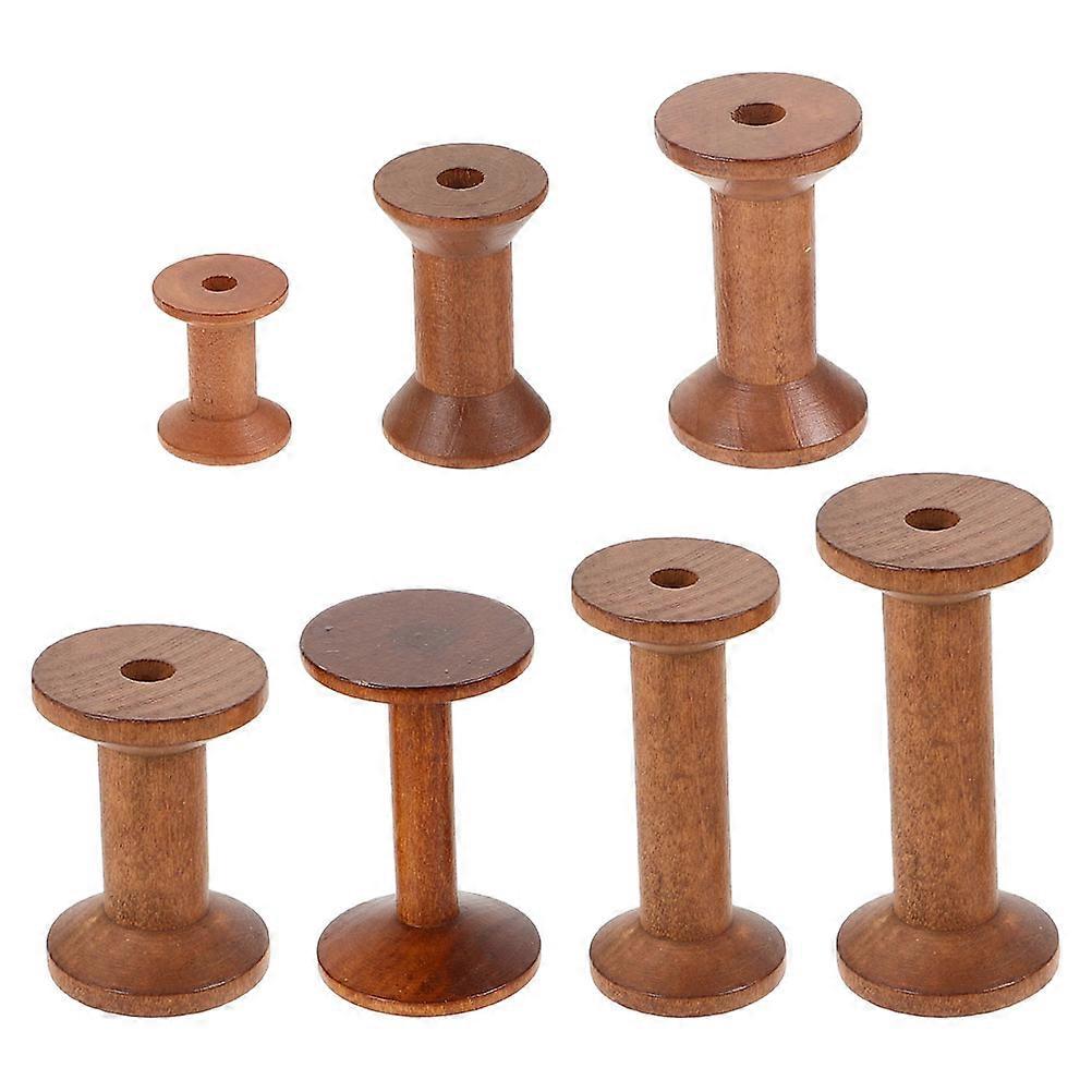 Light Brown Wooden Spools for DIY Use with 7Pcs Thread Holders