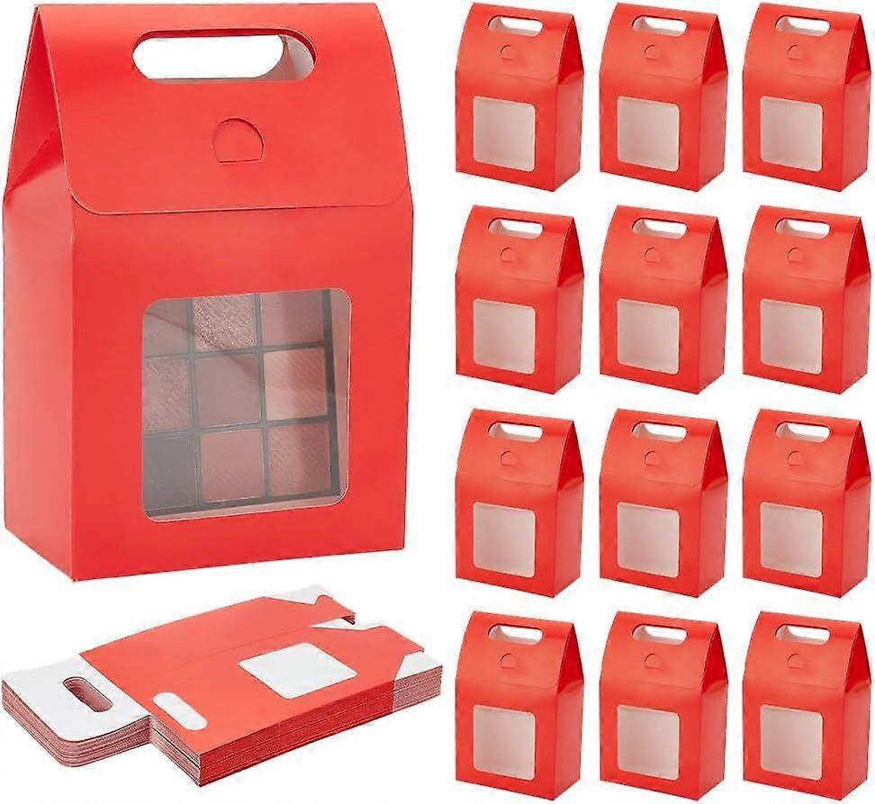 24pcs Red Gift Box with Handle Small Goodies Boxes Gable Paper Party Favor Boxes Candy Box with Window for Christmas Birthday Gift Packaging 3.8x2.3x5