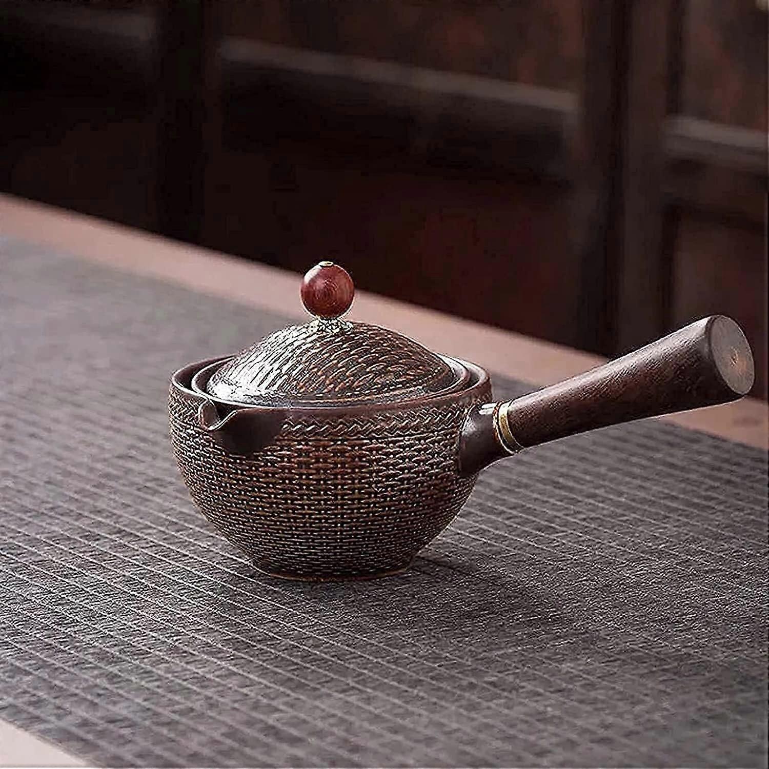 Kung Fu Tea Set Ceramic Teapot with Strainer Double Layer Brewing Heat Proof Wooden Handle