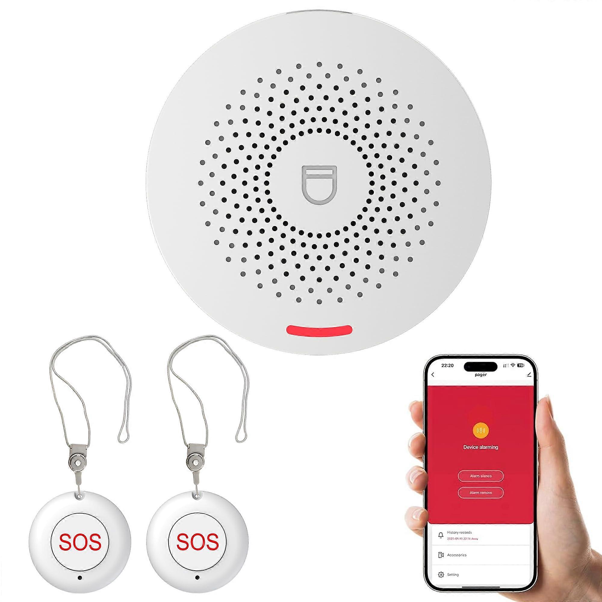 Elderly Emergency Call Button WiFi Caregiver Pager with 2 SOS Buttons and Receiver, No Monthly Fees