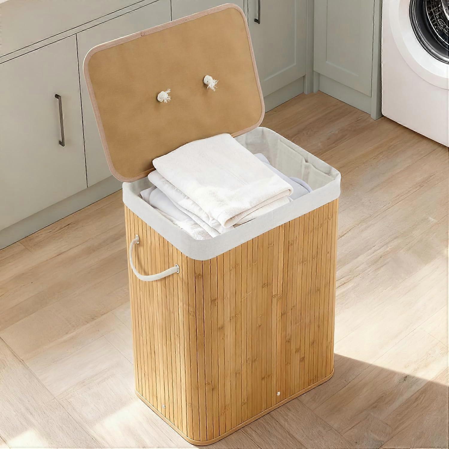 Laundry Hamper Bamboo Corner Design with Lid, Foldable 19Gallon Basket with Removable Liner